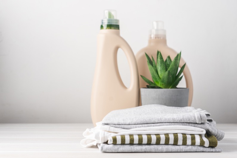 Clean clothes and eco-friendly bottled laundry detergents. Homemade green succulent plant. Green life concept